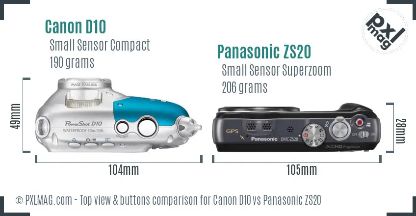 Canon D10 vs Panasonic ZS20 top view buttons comparison