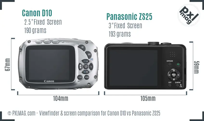 Canon D10 vs Panasonic ZS25 Screen and Viewfinder comparison