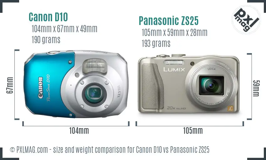 Canon D10 vs Panasonic ZS25 size comparison