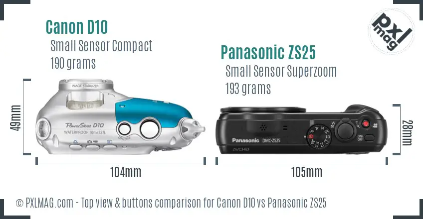 Canon D10 vs Panasonic ZS25 top view buttons comparison