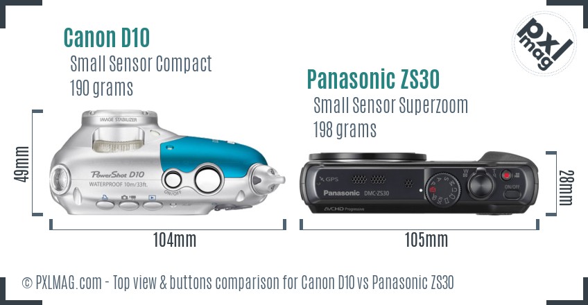 Canon D10 vs Panasonic ZS30 top view buttons comparison