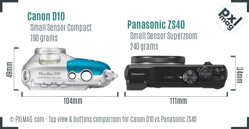 Canon D10 vs Panasonic ZS40 top view buttons comparison