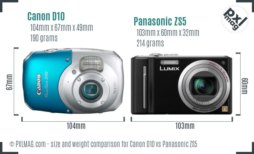 Canon D10 vs Panasonic ZS5 size comparison