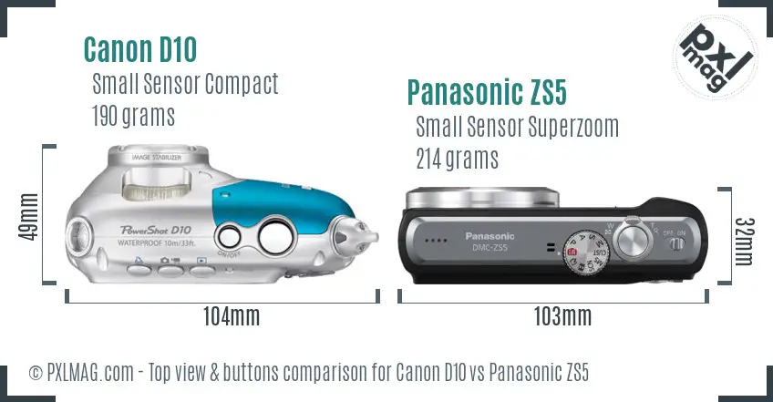 Canon D10 vs Panasonic ZS5 top view buttons comparison