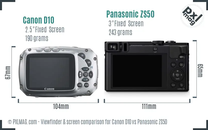 Canon D10 vs Panasonic ZS50 Screen and Viewfinder comparison