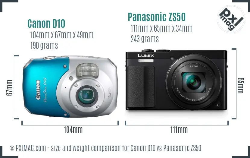 Canon D10 vs Panasonic ZS50 size comparison