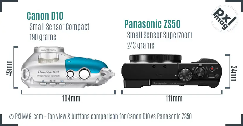 Canon D10 vs Panasonic ZS50 top view buttons comparison