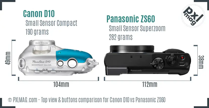 Canon D10 vs Panasonic ZS60 top view buttons comparison