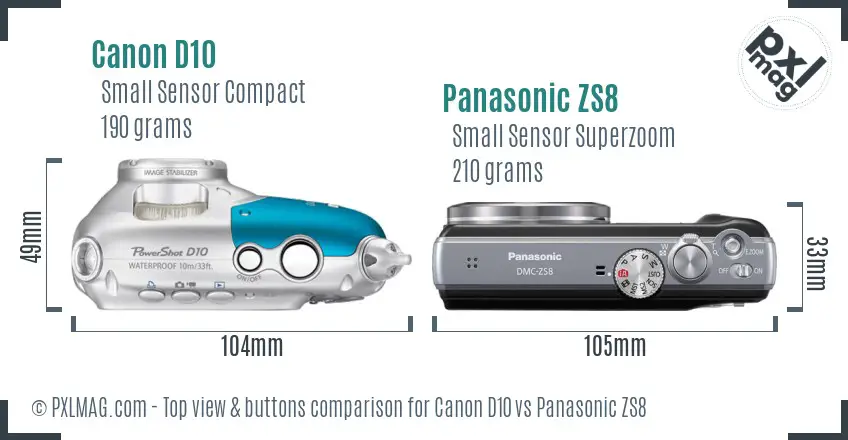 Canon D10 vs Panasonic ZS8 top view buttons comparison