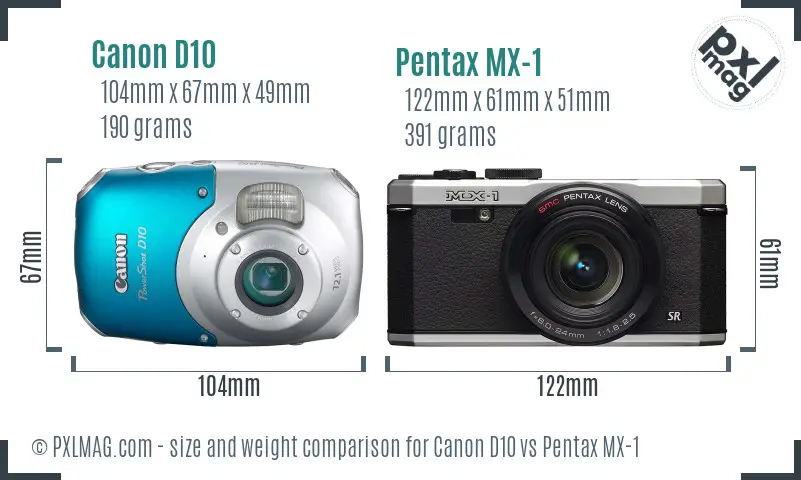 Canon D10 vs Pentax MX-1 size comparison