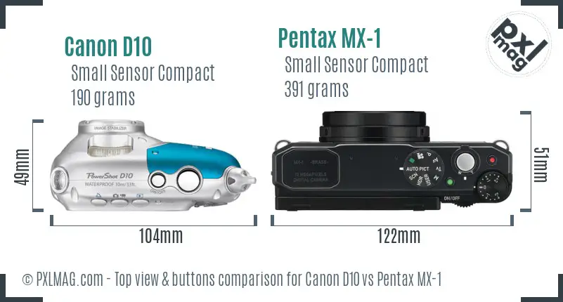 Canon D10 vs Pentax MX-1 top view buttons comparison