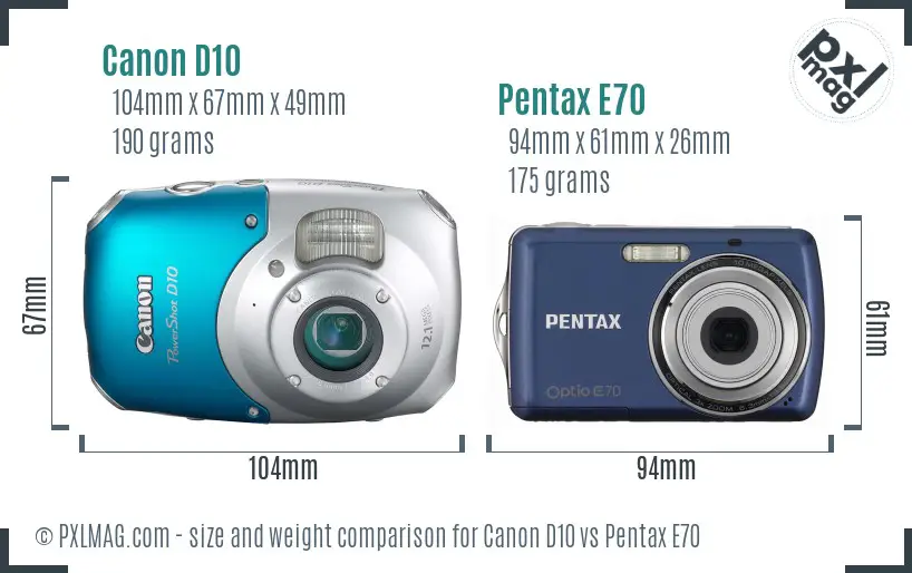 Canon D10 vs Pentax E70 size comparison