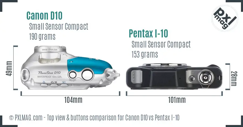 Canon D10 vs Pentax I-10 top view buttons comparison