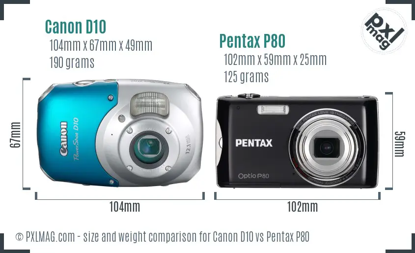 Canon D10 vs Pentax P80 size comparison