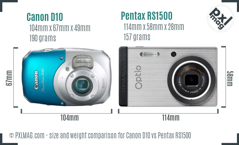 Canon D10 vs Pentax RS1500 size comparison