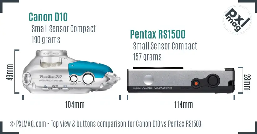 Canon D10 vs Pentax RS1500 top view buttons comparison