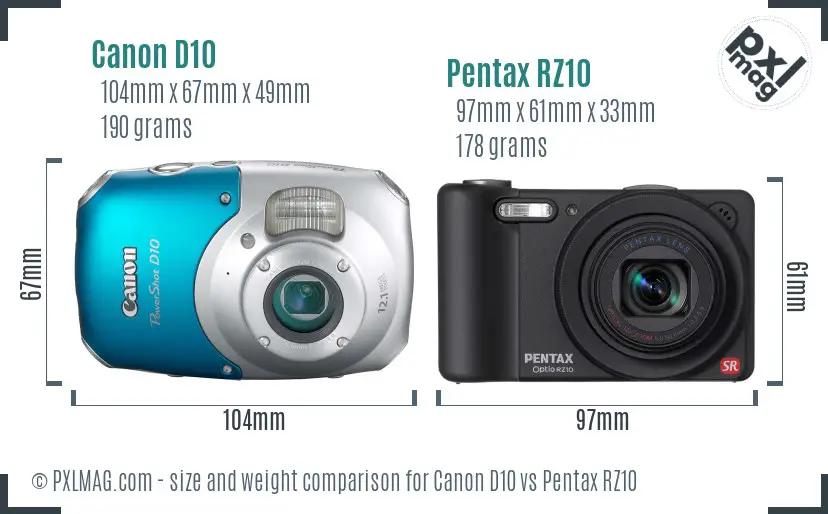 Canon D10 vs Pentax RZ10 size comparison