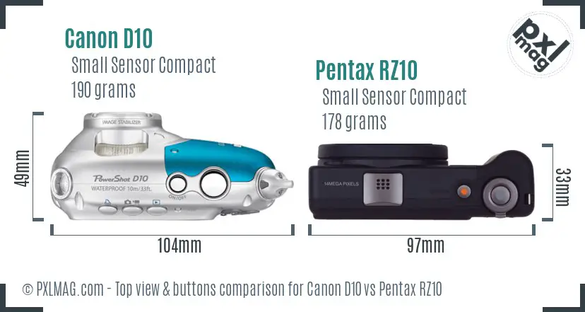 Canon D10 vs Pentax RZ10 top view buttons comparison