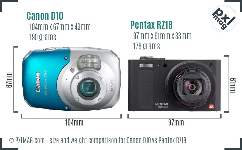 Canon D10 vs Pentax RZ18 size comparison