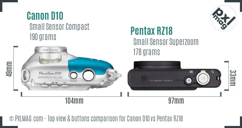 Canon D10 vs Pentax RZ18 top view buttons comparison