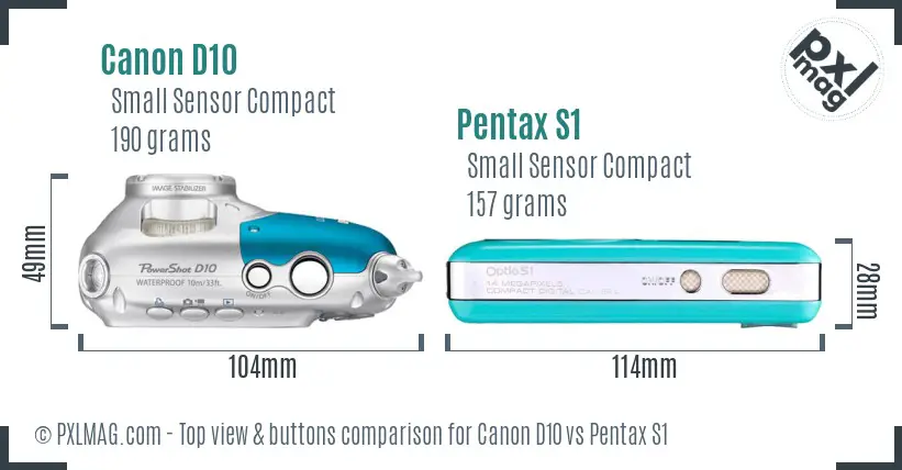 Canon D10 vs Pentax S1 top view buttons comparison