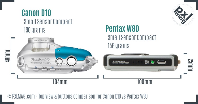 Canon D10 vs Pentax W80 top view buttons comparison