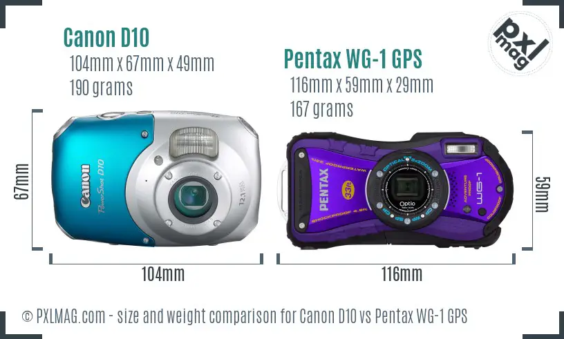 Canon D10 vs Pentax WG-1 GPS size comparison Canon D10 vs Pentax WG-1 GPS size comparison