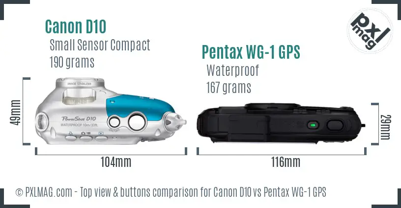 Canon D10 vs Pentax WG-1 GPS top view buttons comparison Canon D10 vs Pentax WG-1 GPS top view buttons comparison