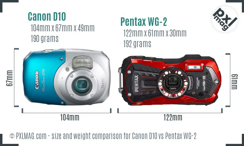 Canon D10 vs Pentax WG-2 size comparison