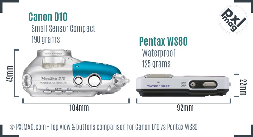 Canon D10 vs Pentax WS80 top view buttons comparison