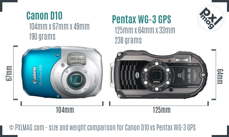Canon D10 vs Pentax WG-3 GPS size comparison Canon D10 vs Pentax WG-3 GPS size comparison