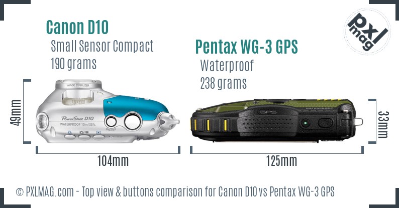 Canon D10 vs Pentax WG-3 GPS top view buttons comparison