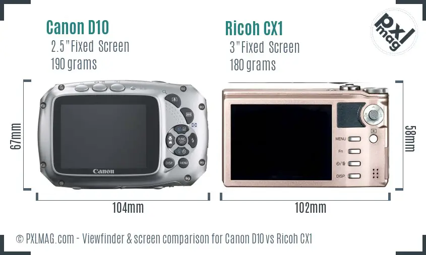 Canon D10 vs Ricoh CX1 Screen and Viewfinder comparison