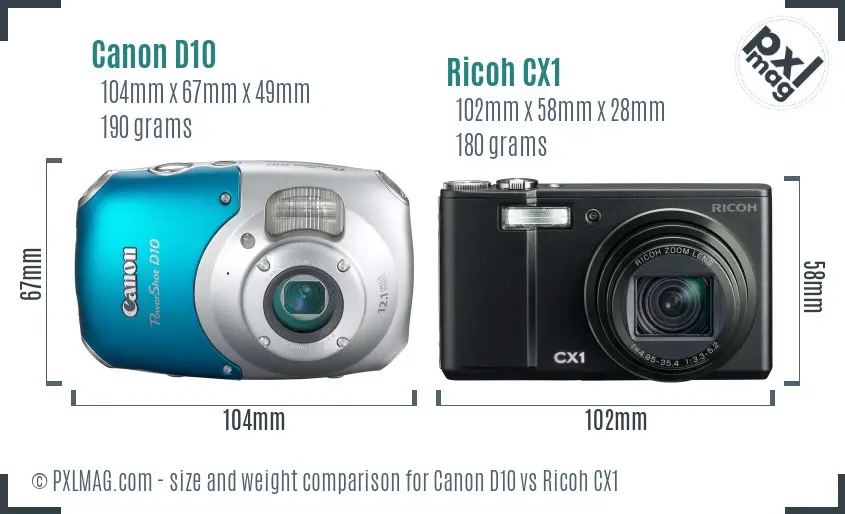 Canon D10 vs Ricoh CX1 size comparison