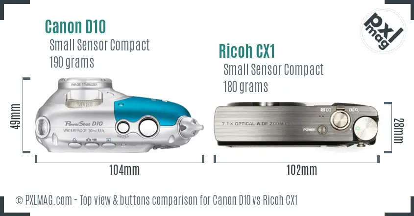 Canon D10 vs Ricoh CX1 top view buttons comparison