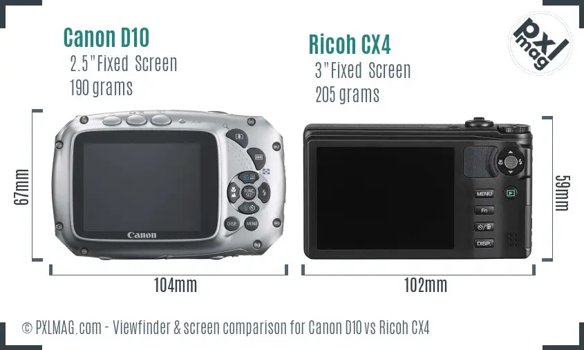 Canon D10 vs Ricoh CX4 Screen and Viewfinder comparison