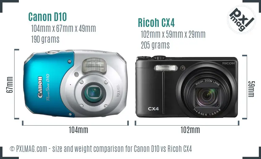 Canon D10 vs Ricoh CX4 size comparison