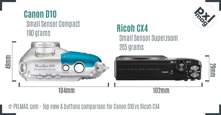 Canon D10 vs Ricoh CX4 top view buttons comparison