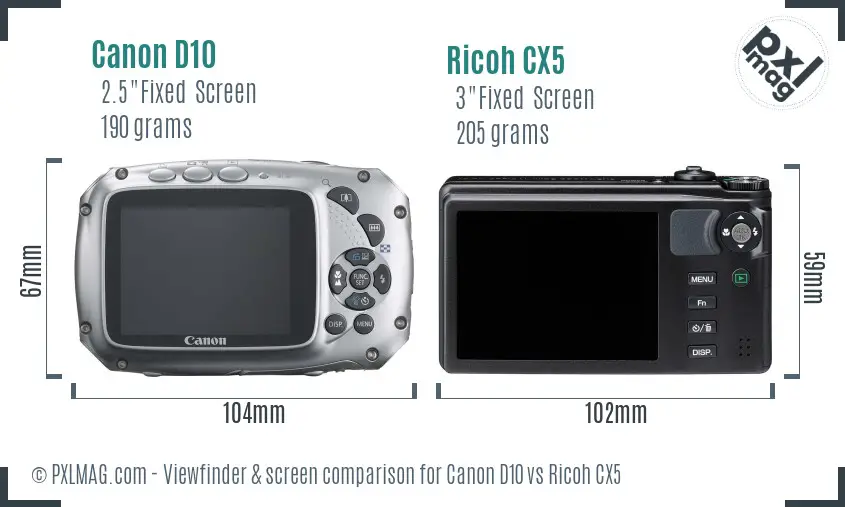 Canon D10 vs Ricoh CX5 Screen and Viewfinder comparison