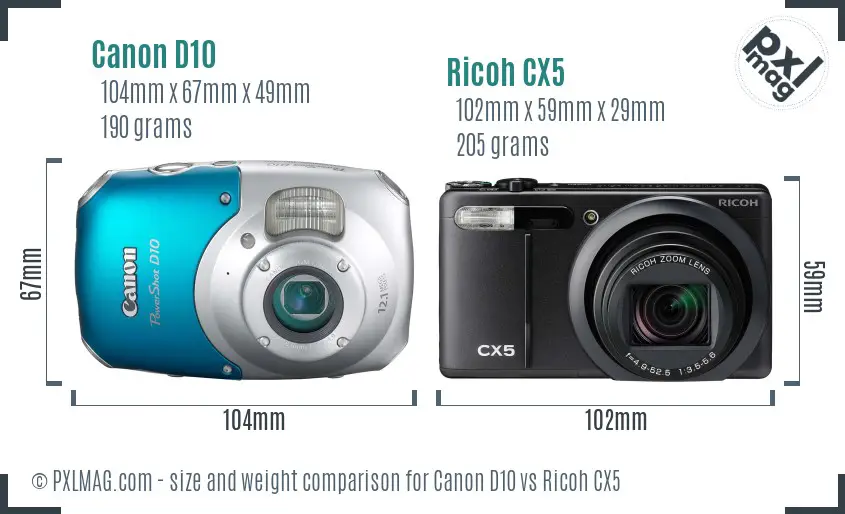 Canon D10 vs Ricoh CX5 size comparison