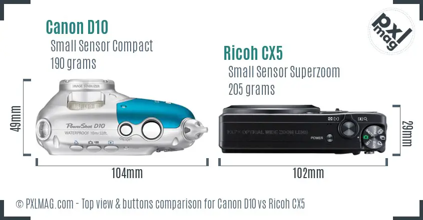 Canon D10 vs Ricoh CX5 top view buttons comparison