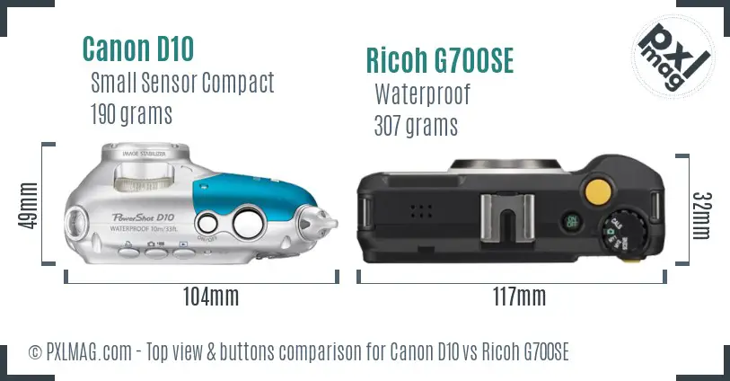 Canon D10 vs Ricoh G700SE top view buttons comparison