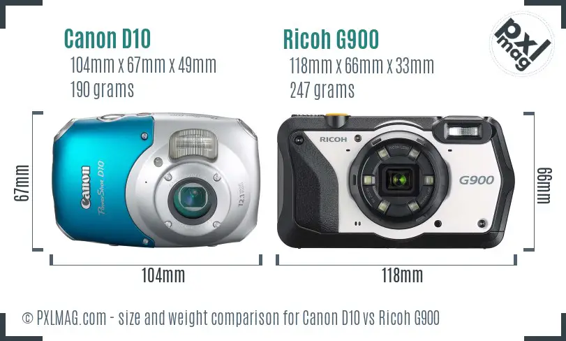 Canon D10 vs Ricoh G900 size comparison