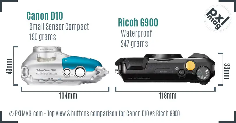 Canon D10 vs Ricoh G900 top view buttons comparison