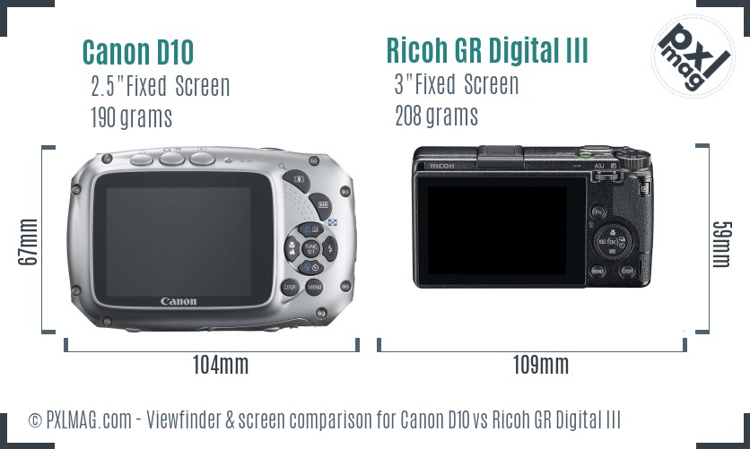 Canon D10 vs Ricoh GR Digital III Screen and Viewfinder comparison