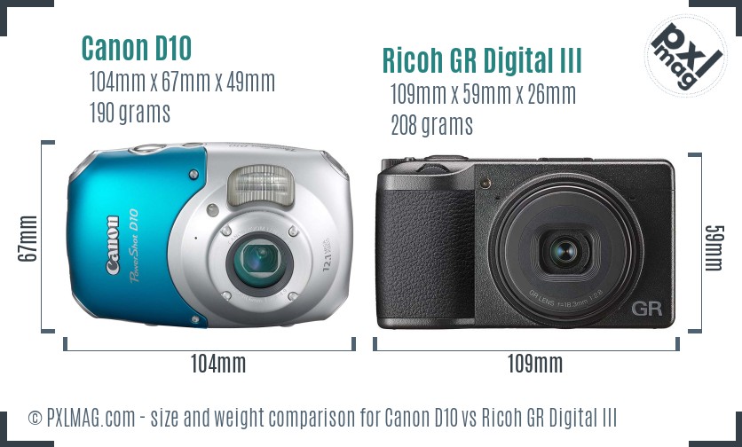 Canon D10 vs Ricoh GR Digital III size comparison