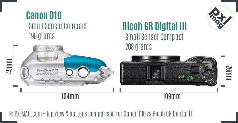 Canon D10 vs Ricoh GR Digital III top view buttons comparison