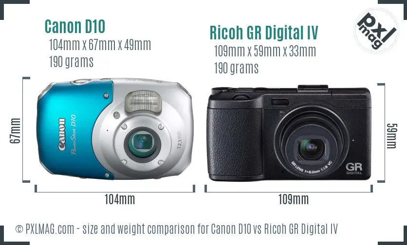 Canon D10 vs Ricoh GR Digital IV size comparison