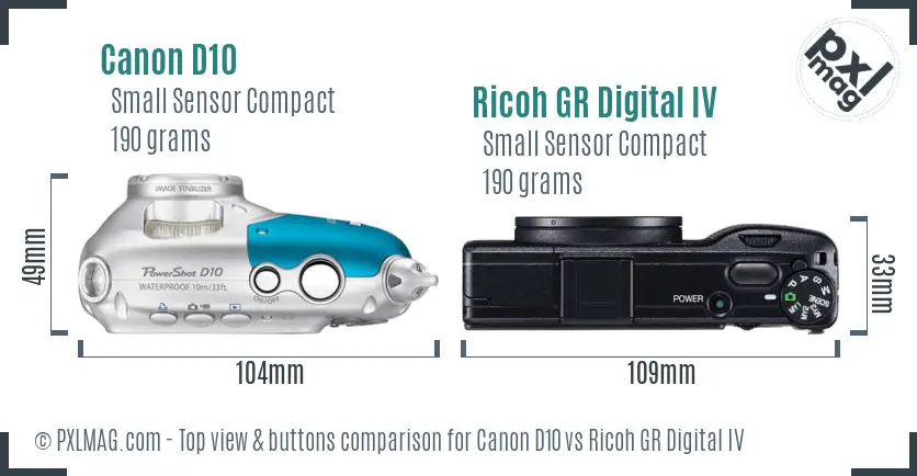 Canon D10 vs Ricoh GR Digital IV top view buttons comparison