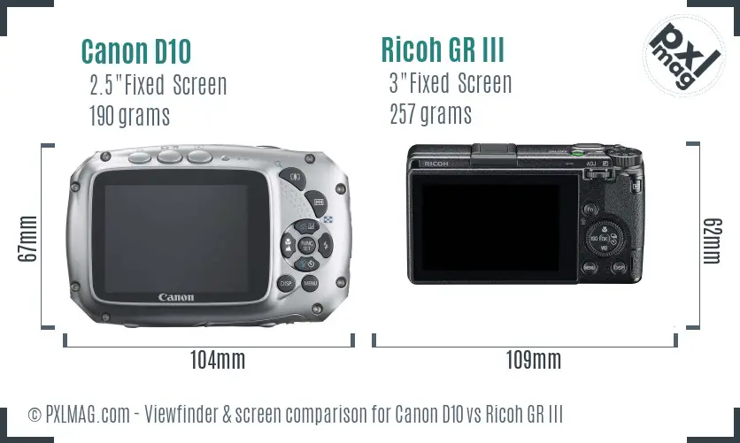 Canon D10 vs Ricoh GR III Screen and Viewfinder comparison